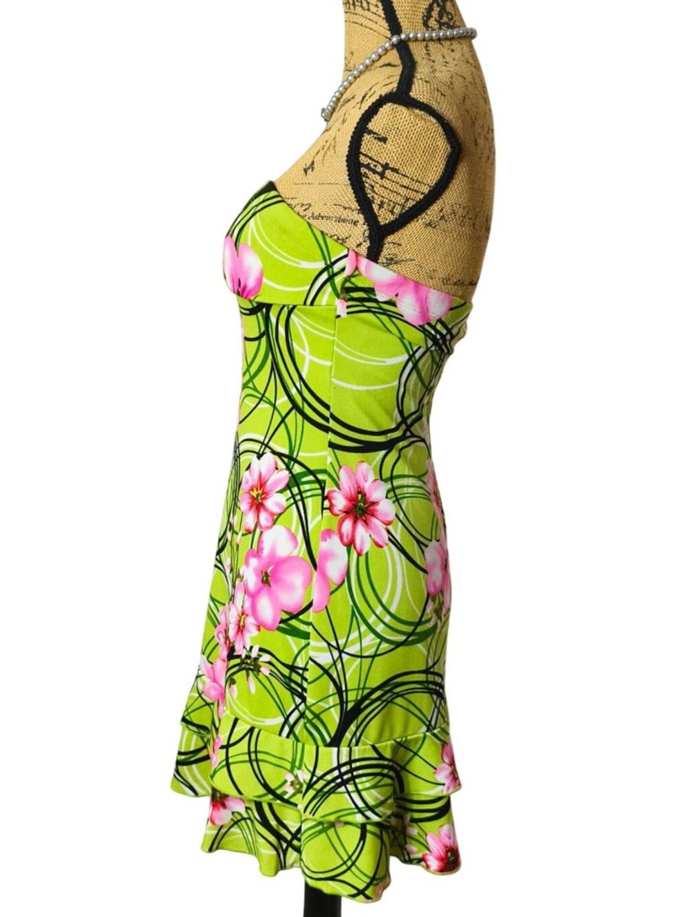 Vtg Rhapsody S Strapless Mini Dress Y2K Floral Ruffled Green Pink Festive Coquet - Picture 2 of 6